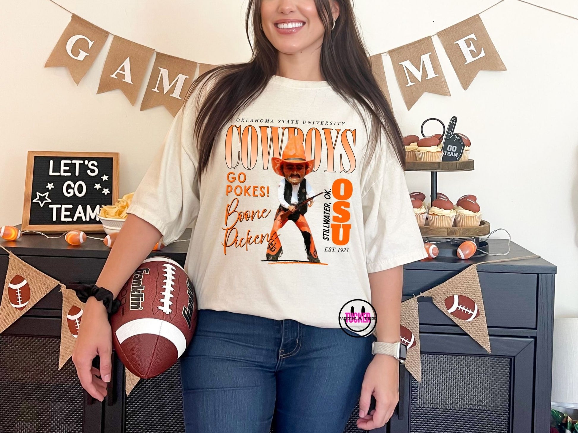 Oklahoma State Cowboys orange mascot graphic tee in ivory