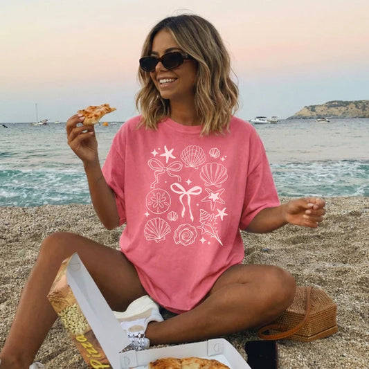Preppy Beach Shells & Bows Tee – Comfort Colors Watermelon