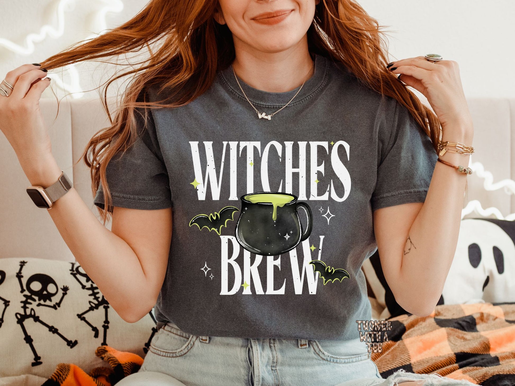 Witches Brew Halloween graphic tee on a pepper Comfort Colors 1717 shirt